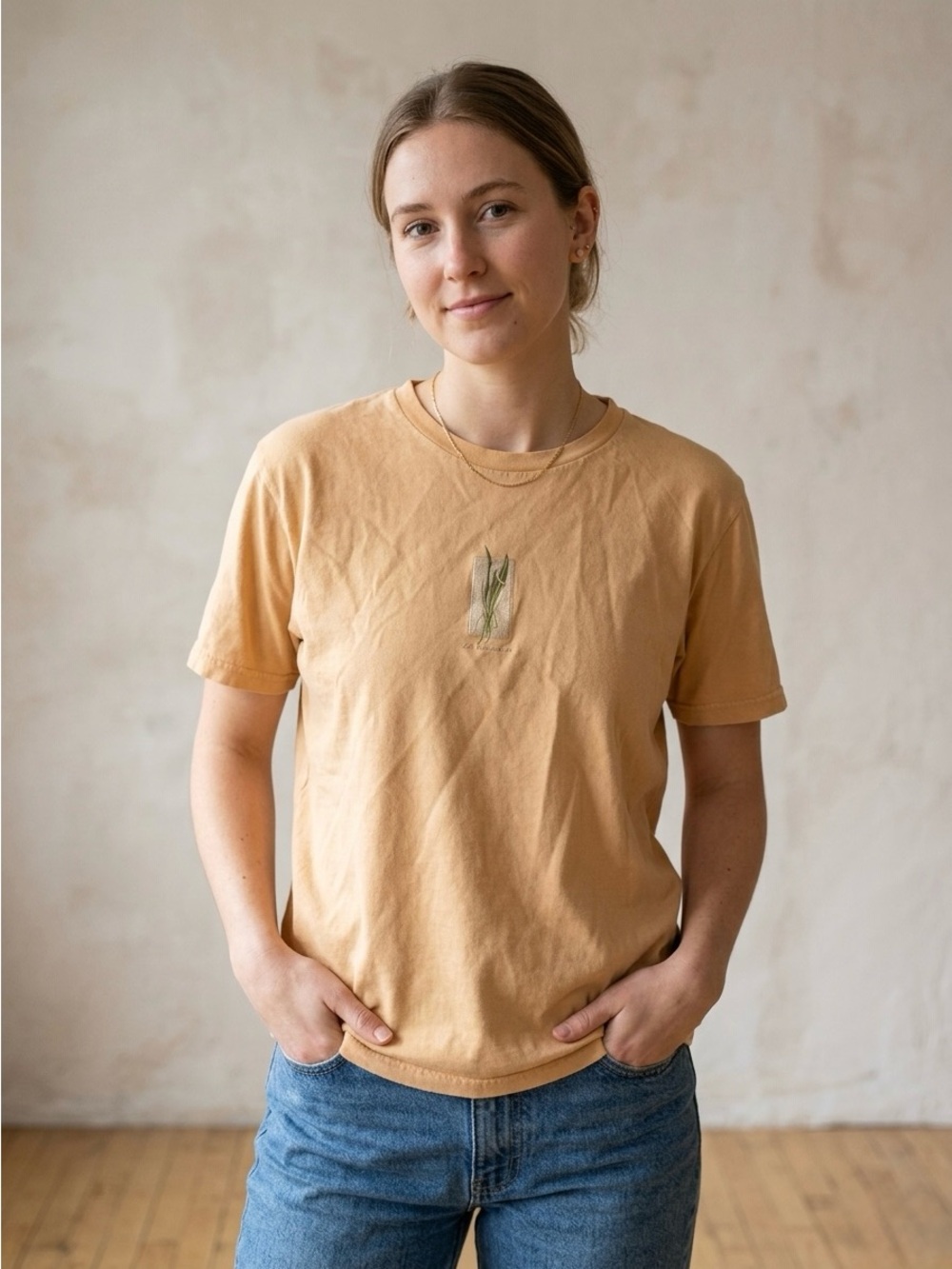 Women's Casual Tan Tee with Embroidered Detail